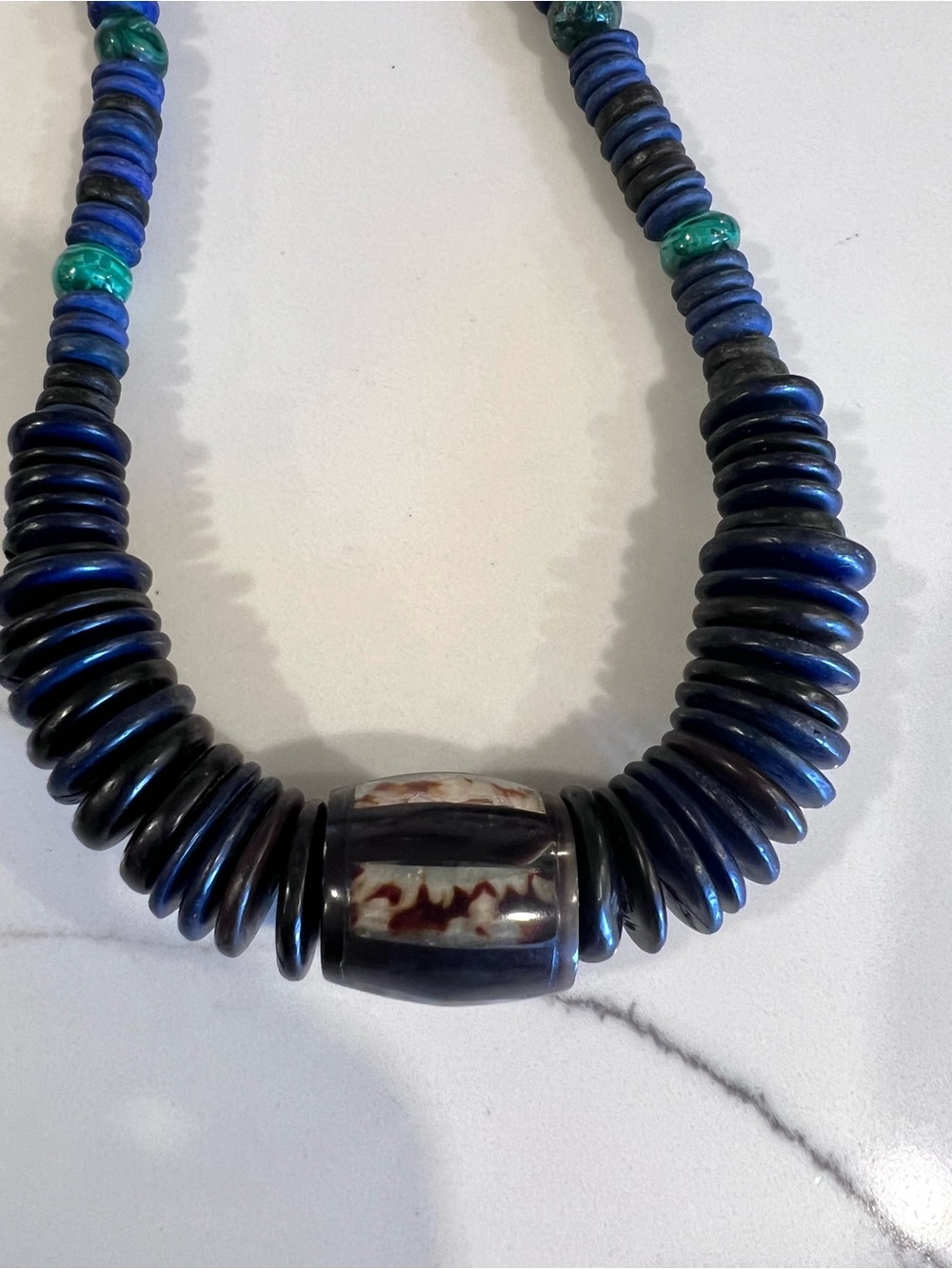 Chunky Blue African Trade Bead Necklace Statement Tribal Boho 33" Bone Accents